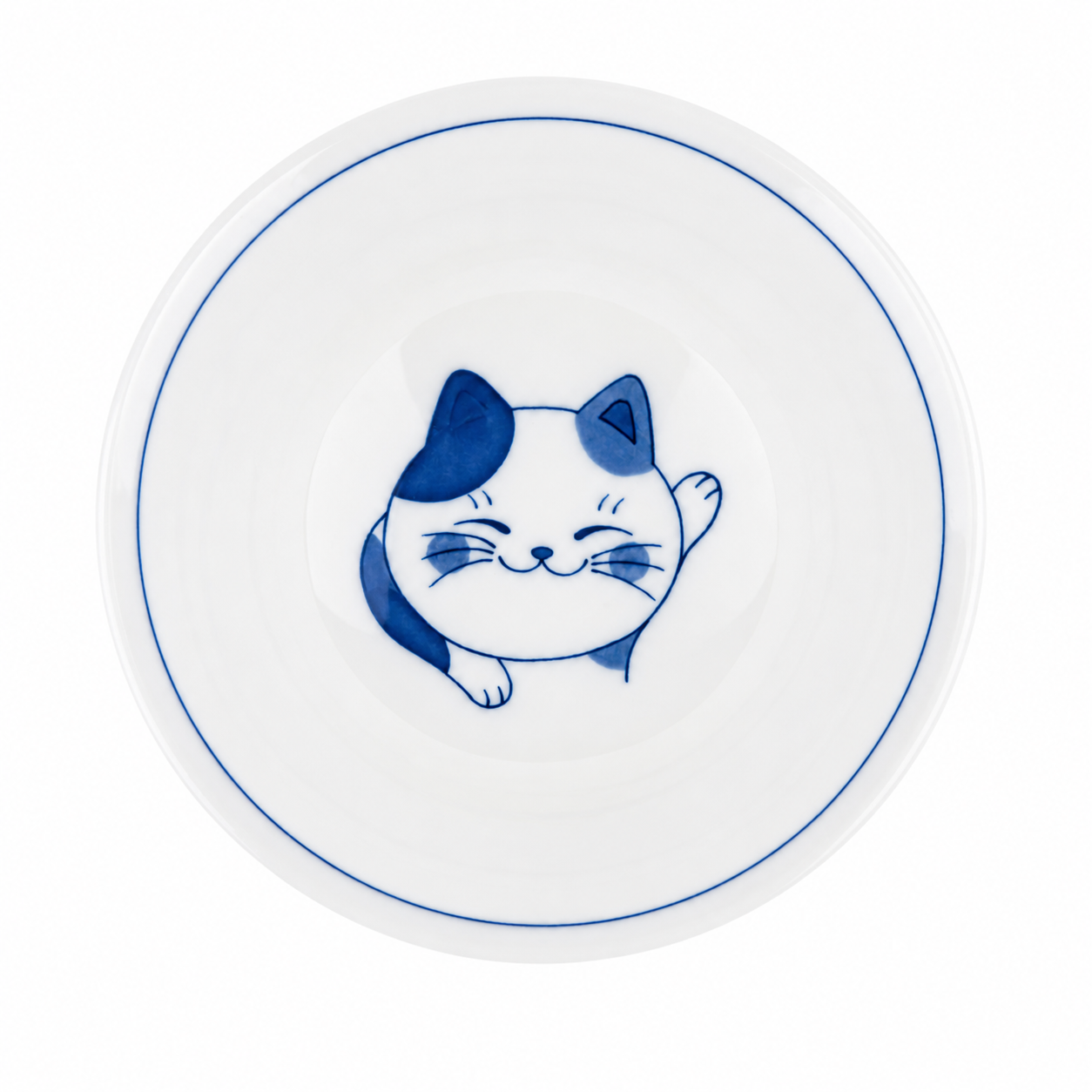 Japanese ramen bowl porcelain calico cat design blue white
