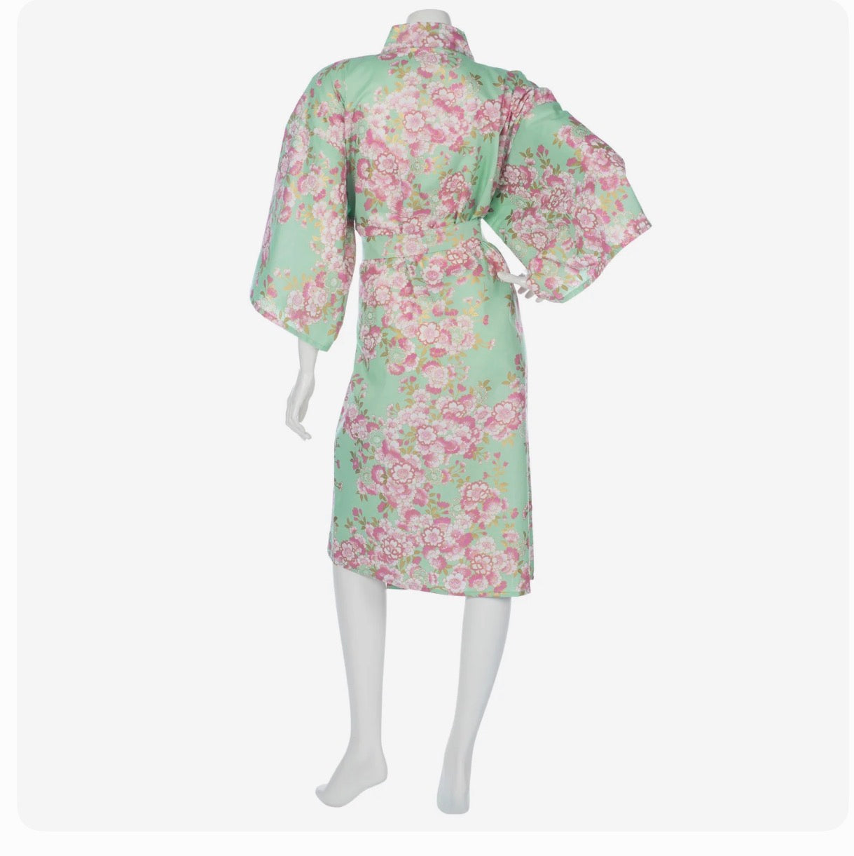 Jade Green Cherry Blossom Japanese Kimono Robe – Handmade Cotton, Lightweight & Elegant