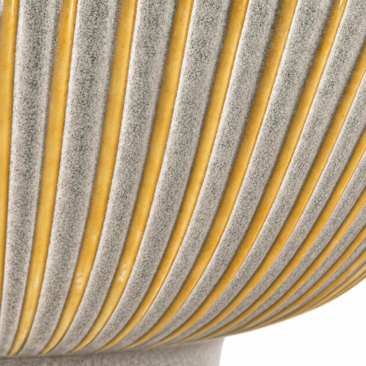 Close-up of the textured grey glaze and contrasting ribbed pattern on a Sendan porcelain ramen bowl, made in Japan.