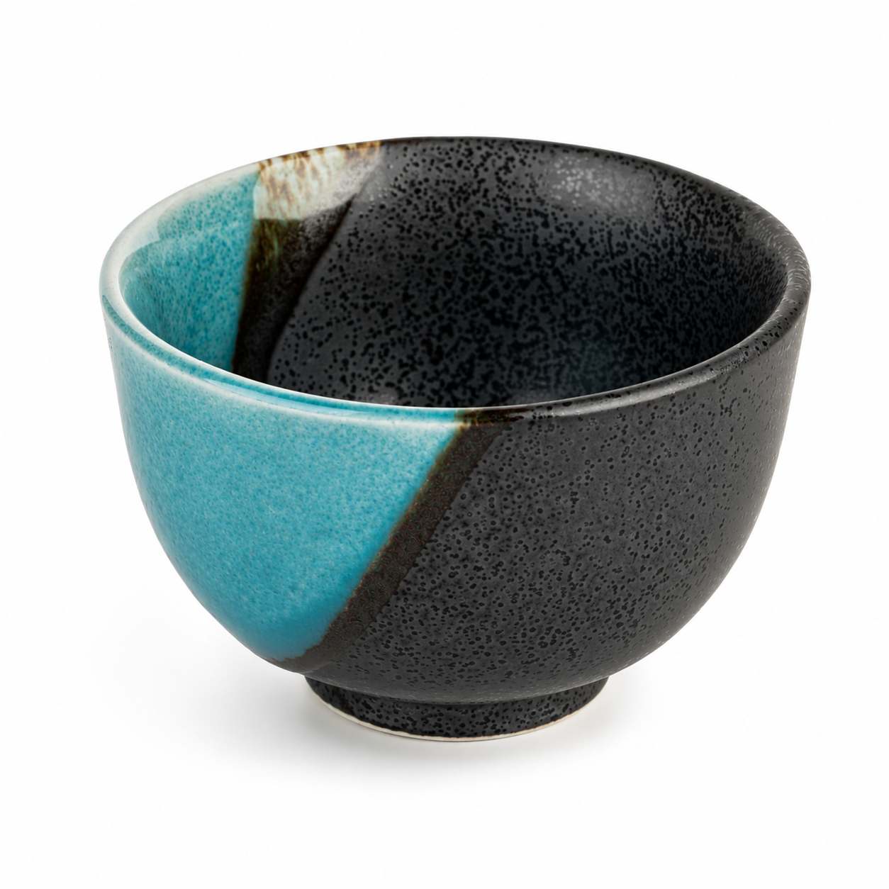 Sora Blue and Grey Japanese tea cup made in Japan featuring a textured charcoal grey finish and glossy sky-blue porcelain glaze.