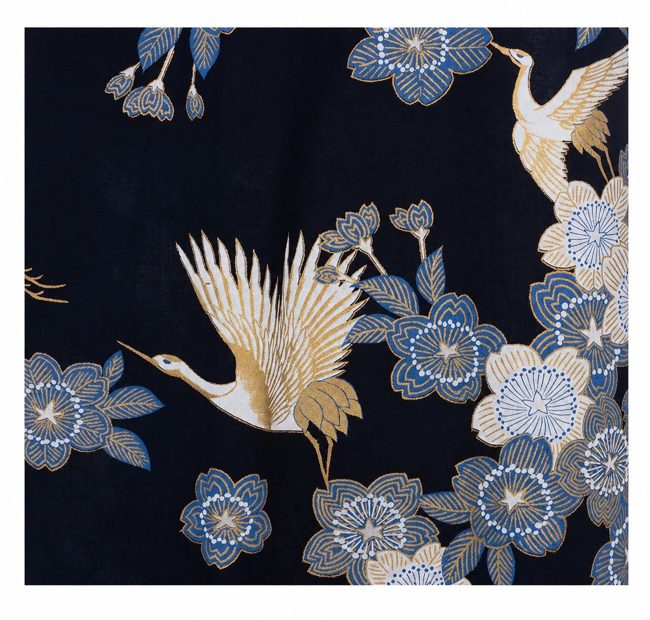 Long Navy Crane Floral Japanese Kimono | Authentic Cotton Yukata Made in Japan