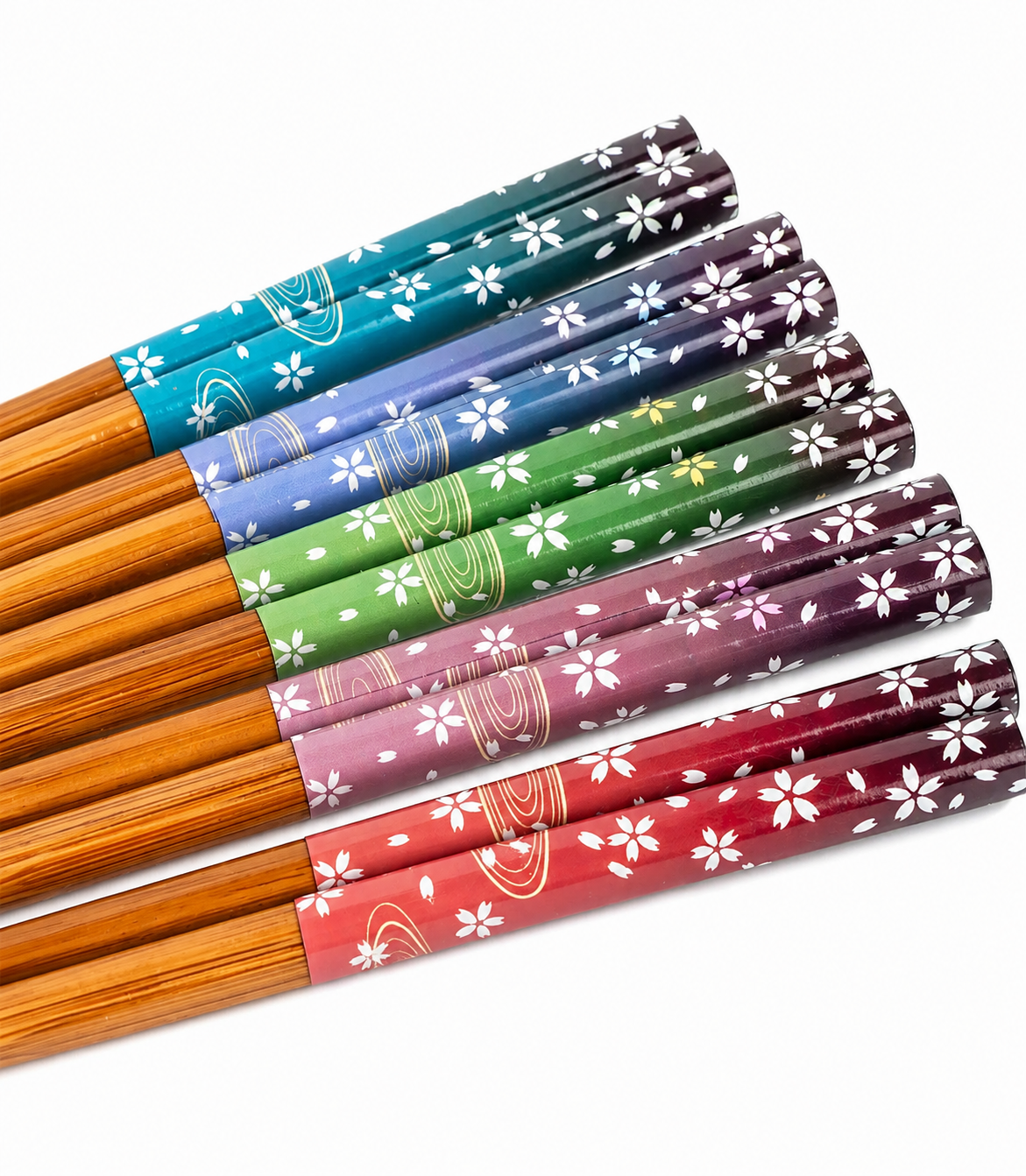 Authentic Japanese bamboo chopstick gift set made in Japan featuring five pairs of colourful cherry blossom chopsticks with traditional sakura and flowing stream patterns.