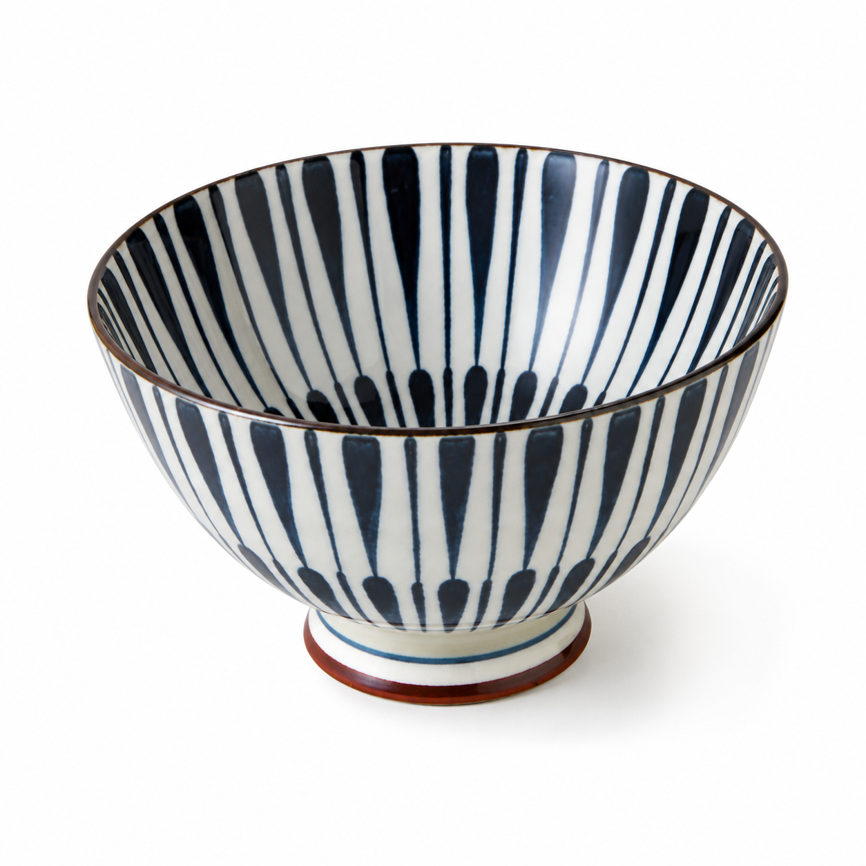 Traditional Japanese ceramic rice bowl featuring the Kozome Yaetokusa blue geometric design, perfect for serving rice and Japanese dishes.