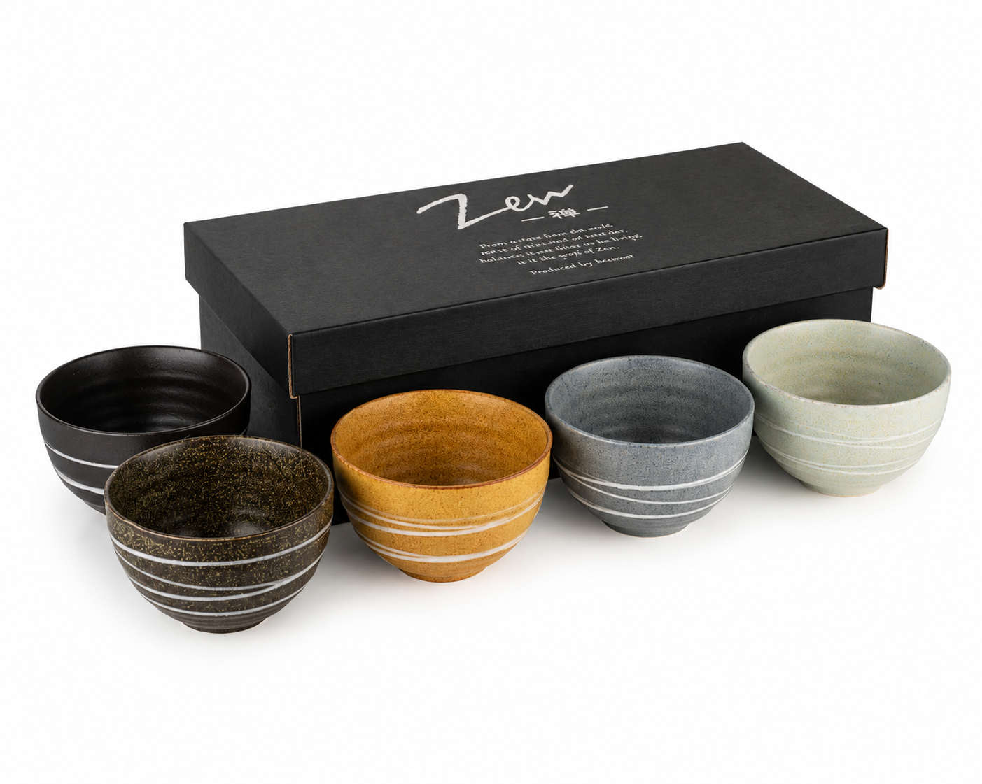 Authentic Japanese ceramic bowl gift set made in Japan with five Uzu swirl bowls in different colours, presented with a black gift box.