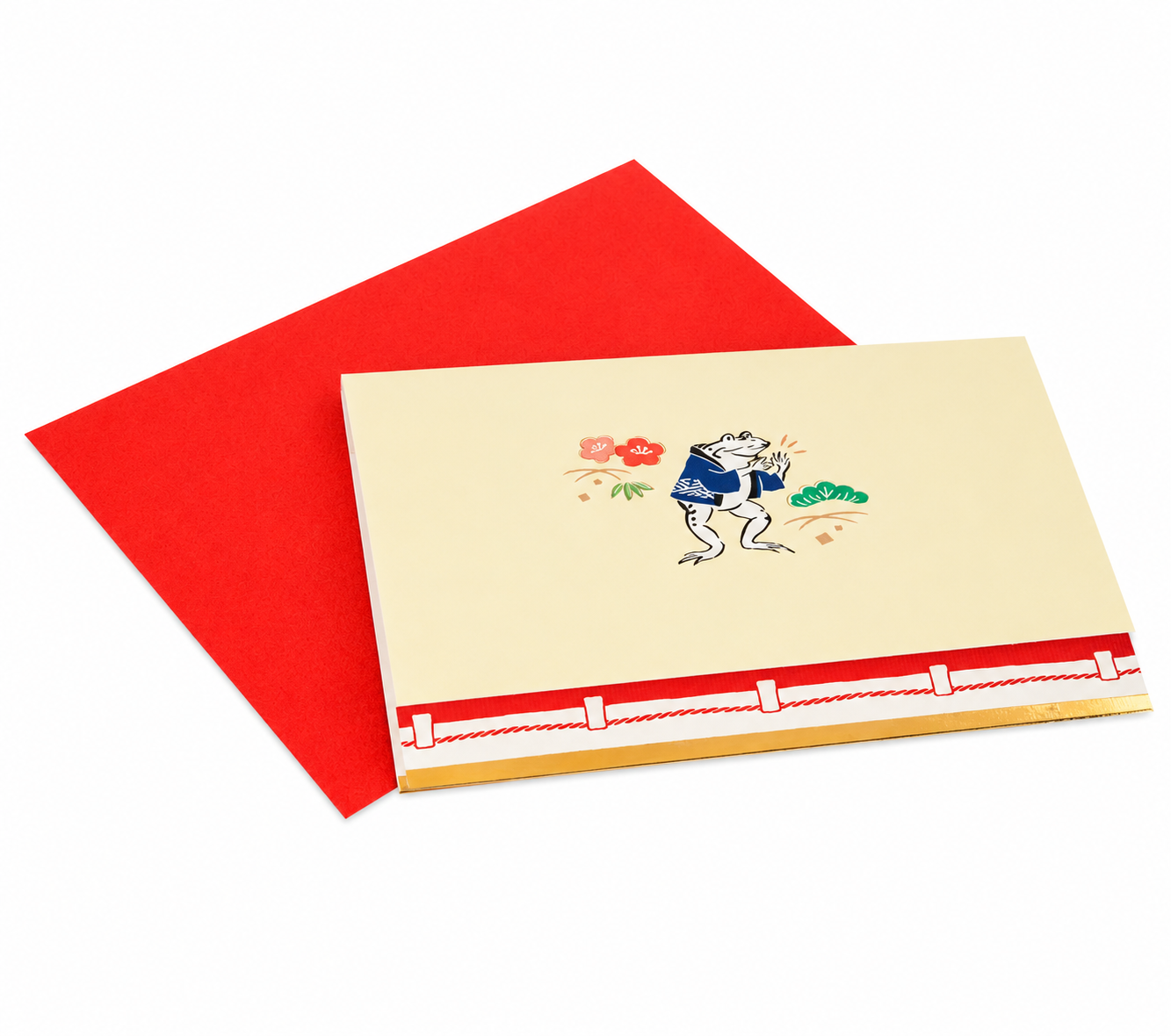 Choju Giga Party Pop-Up Japanese Birthday Card closed with red envelope, featuring a dancing frog in a blue happi coat with floral details, made in Japan