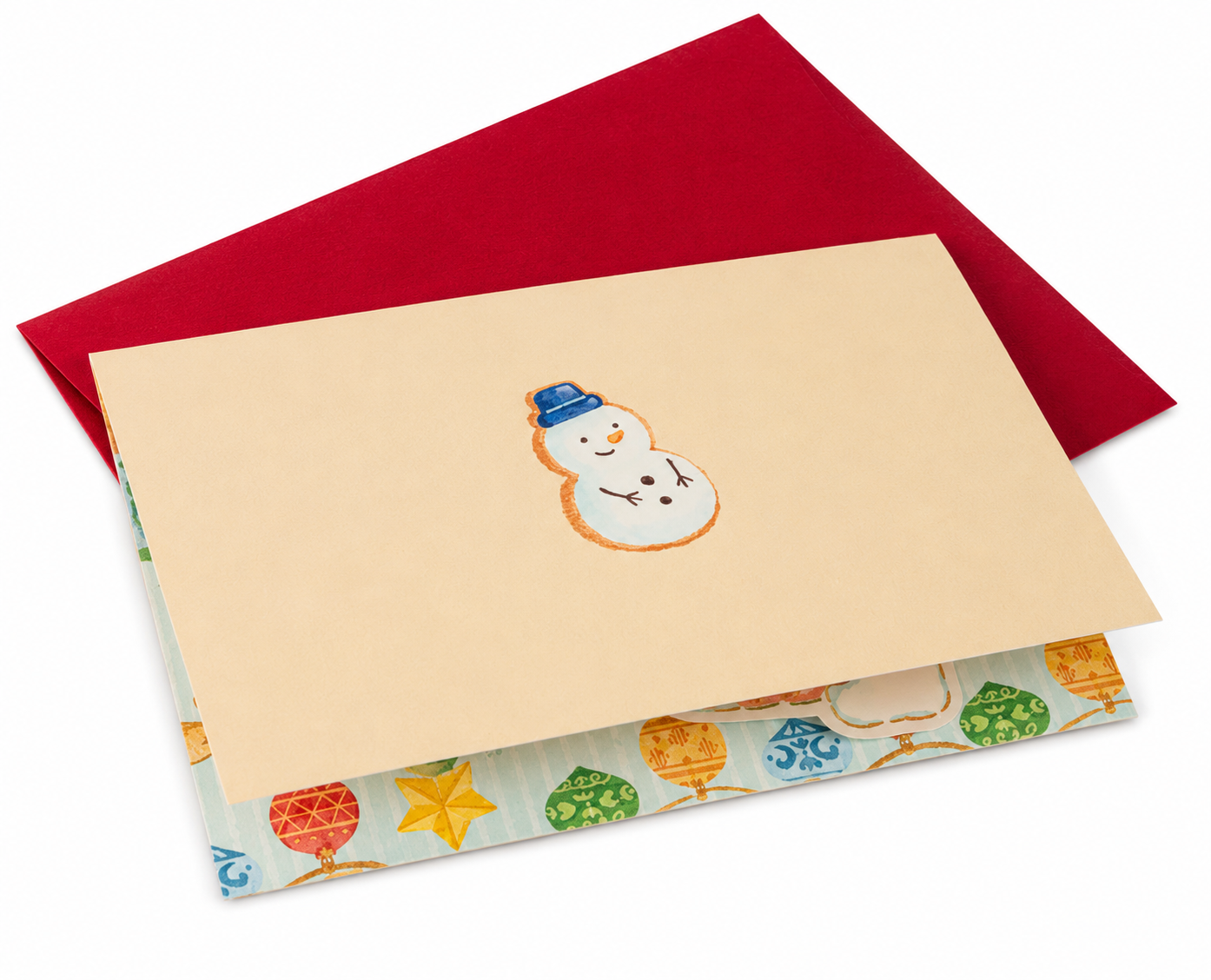 Japanese pop-up Christmas card interior with gingerbread house, gingerbread man, snowman, Santa, reindeer, and decorated Christmas tree with Japanese text
