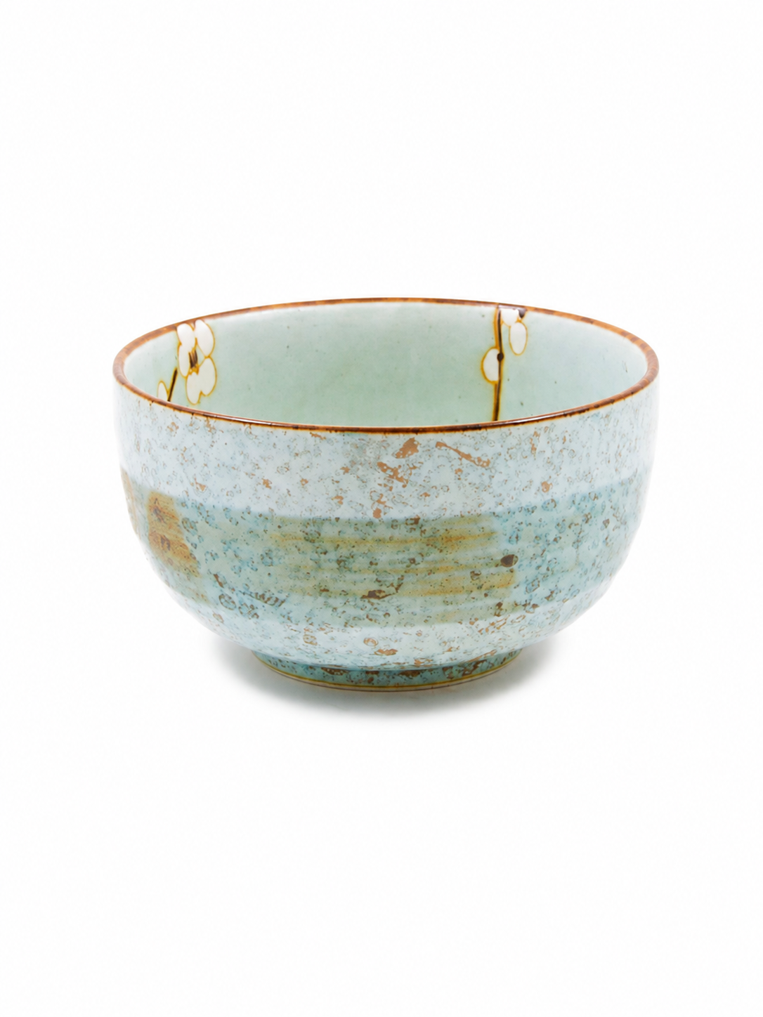 Green Soshun Japanese Matcha Bowl side view — speckled celadon glaze with blossom detail — Made in Japan | Tokyo Gallery