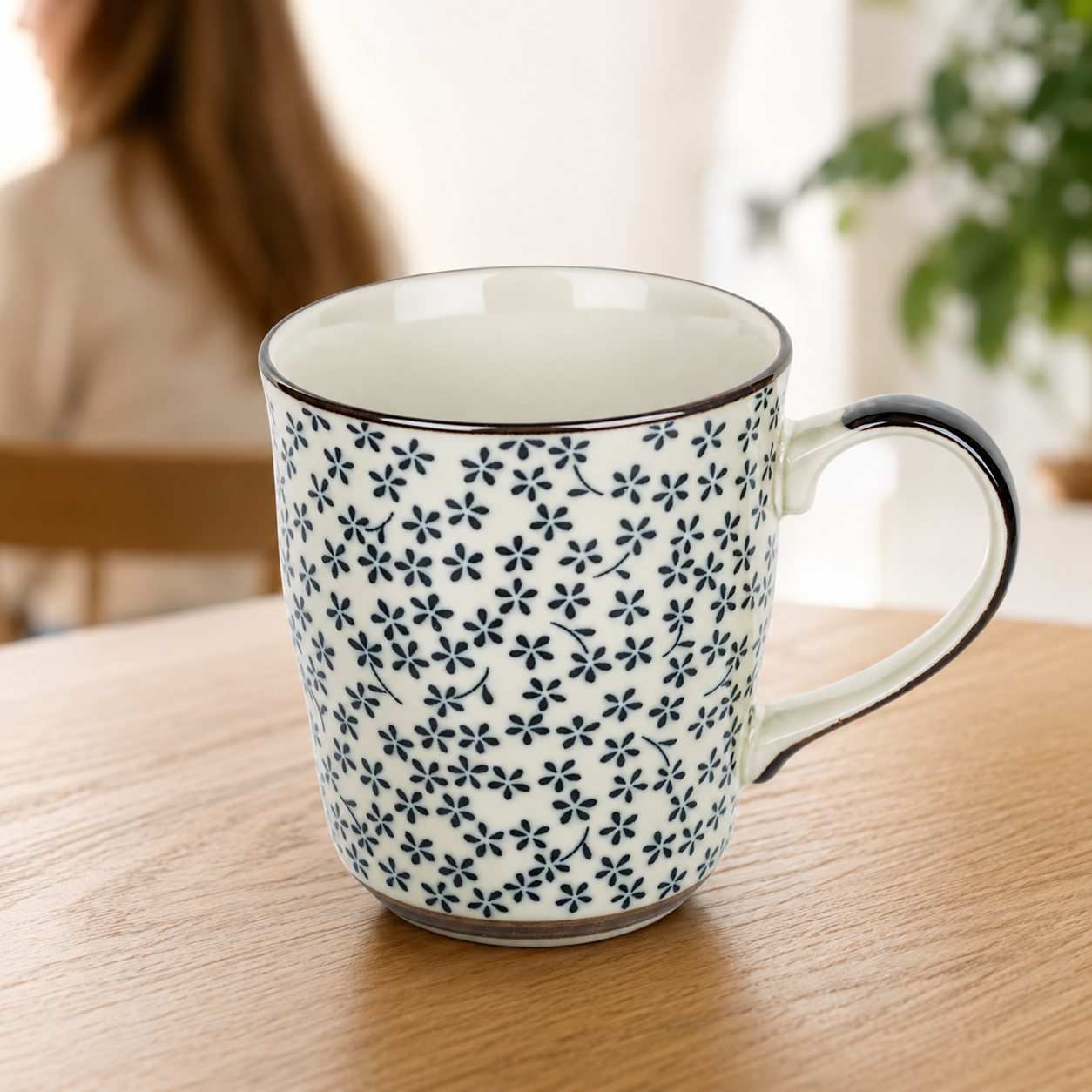 Japanese ceramic tea mug with navy blue floral design ,Made in Japan