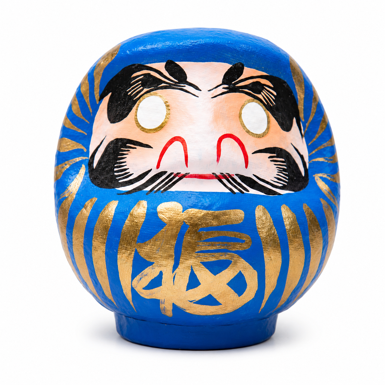 Blue Daruma doll with gold patterns and a face on a white background, “Blue Japanese Daruma Doll Lucky God with gold 福 (Fuku) kanji symbolising good fortune, prosperity and happiness, handmade and hand-painted in Japan.”