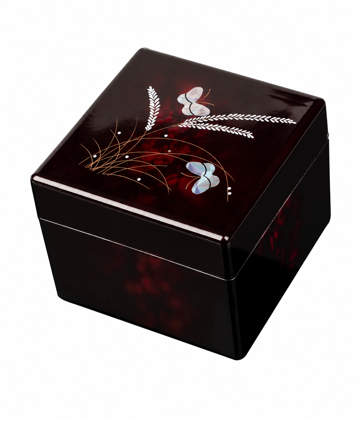 Butterfly Japanese lacquer jewellery box made in Japan with deep wine red and black finish, mother-of-pearl effect butterfly design, mirror, and red felt-lined interior.