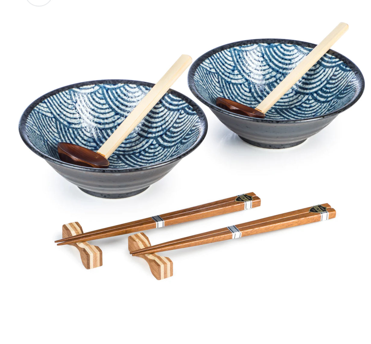 Seikaija Japanese ramen bowl set blue wave ceramic noodle bowls with wooden spoon, chopsticks and wooden chopstick rest made in Japan