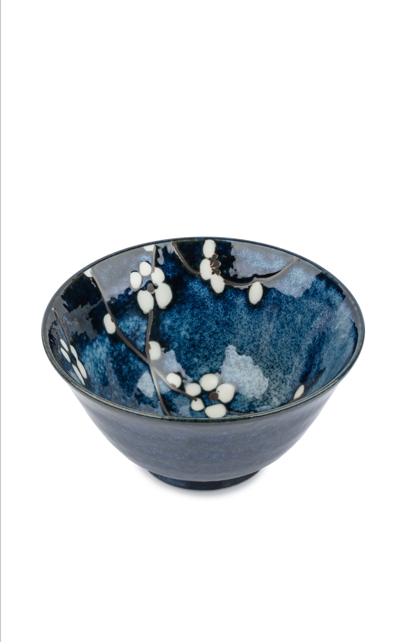 Blue Hana Japanese rice bowl with white cherry blossom design and deep blue ceramic glaze, made in Japan.