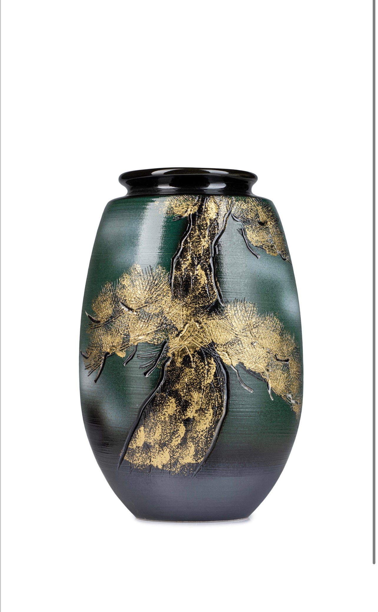 Green and Gold Kinsai Pine Japanese Vase