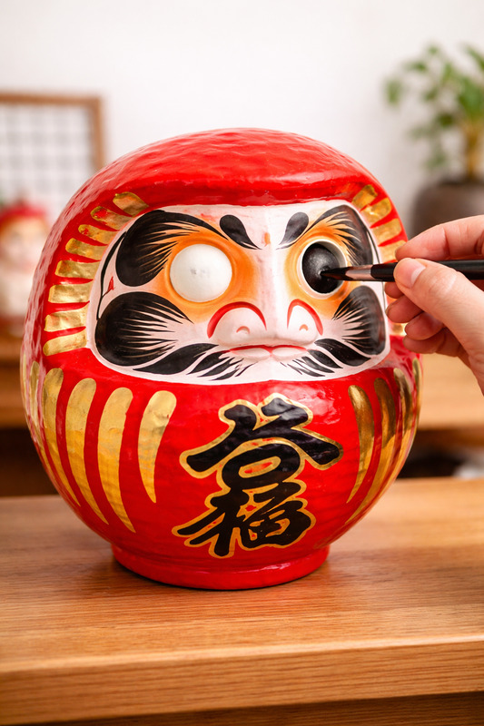 Traditional Japanese Daruma doll with one eye being painted during goal-setting ritual