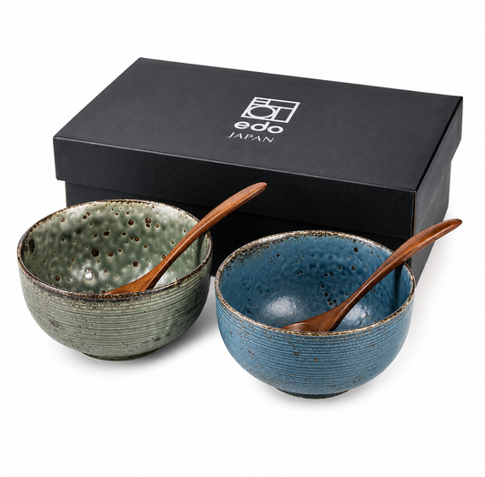 Authentic Japanese Wabi Sabi ramen bowl gift set with handcrafted green and blue ceramic bowls, wooden spoons, and premium Edo Japan presentation gift box