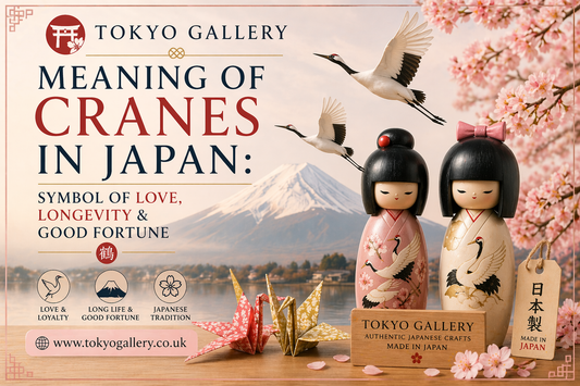 Japanese kokeshi dolls with cranes, symbol of love and longevity, Tokyo Gallery