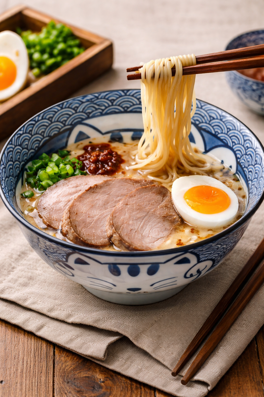 Tonkotsu ramen in Japanese lucky cat bowl with seigaiha wave pattern, chashu pork, egg and noodles