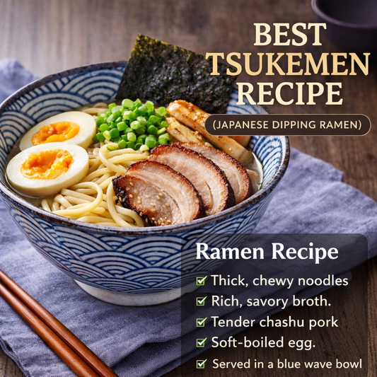 best tsukemen recipe Japanese dipping ramen in blue wave ceramic ramen bowl