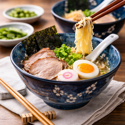 Authentic Japanese  cherry blossom ramen bowl set with noodles on atheistic table setting