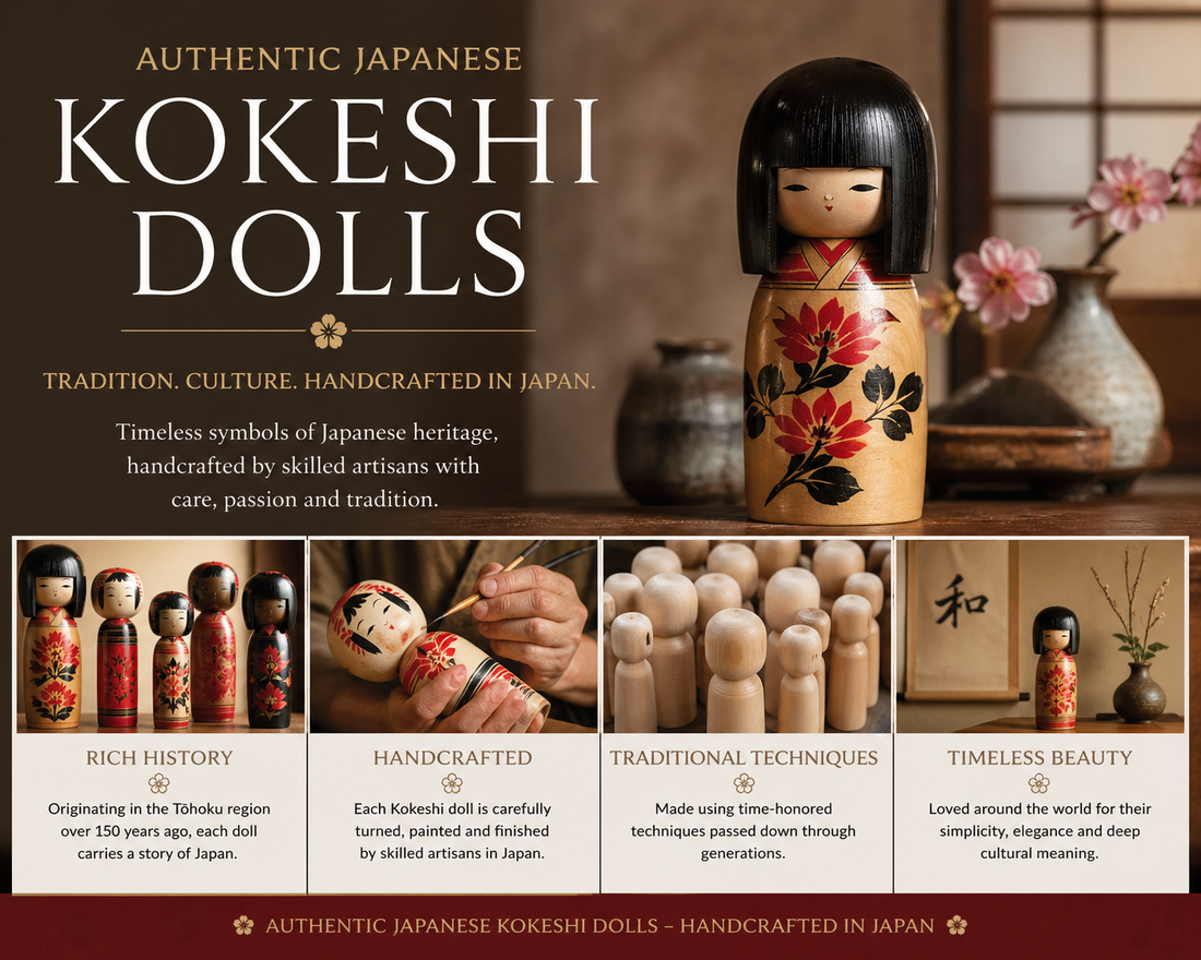 Authentic Japanese Kokeshi dolls handcrafted in Japan with traditional wooden design and cultural patterns
