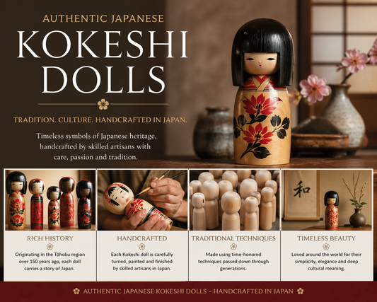 Authentic Japanese Kokeshi dolls handcrafted in Japan with traditional wooden design and cultural patterns