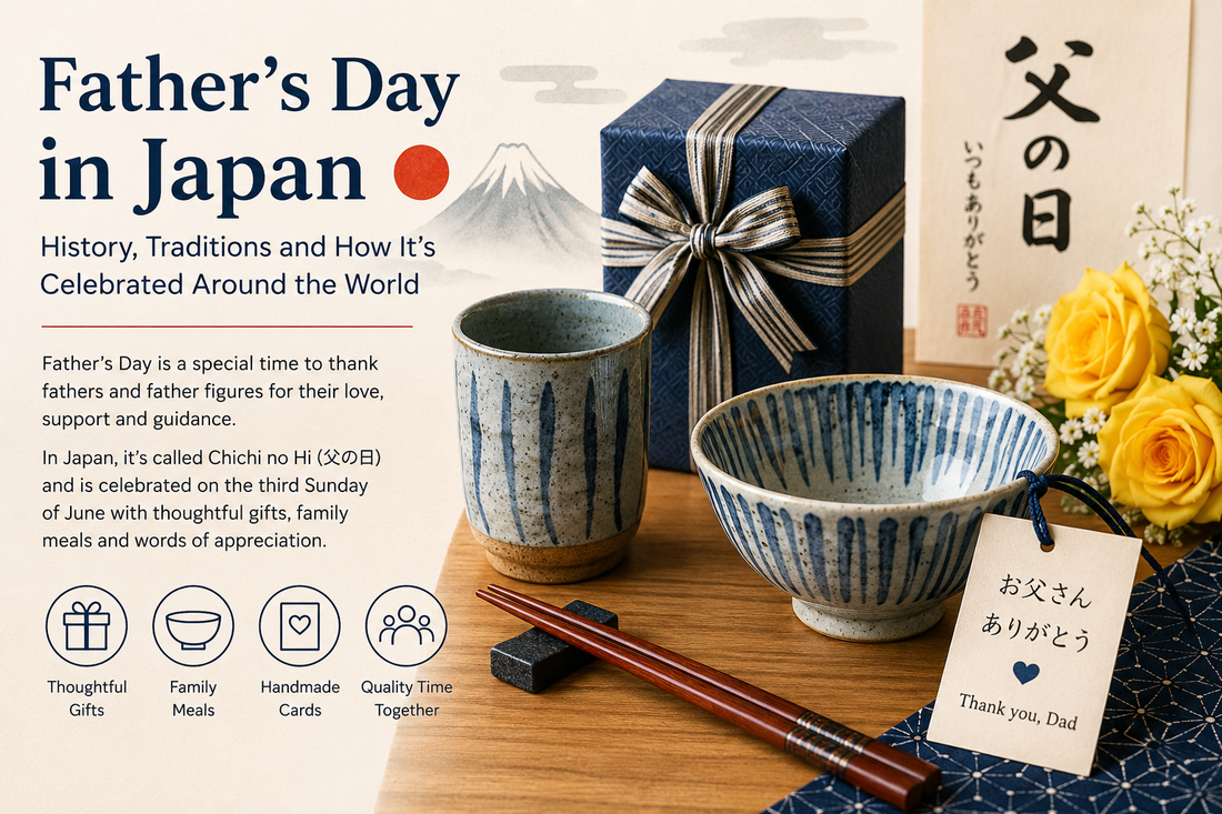 Father’s Day in Japan infographic featuring authentic Japanese tableware, a gift box, chopsticks, yellow roses, and traditional Japanese design elements, explaining the history and celebration of Father’s Day in Japan and around the world.