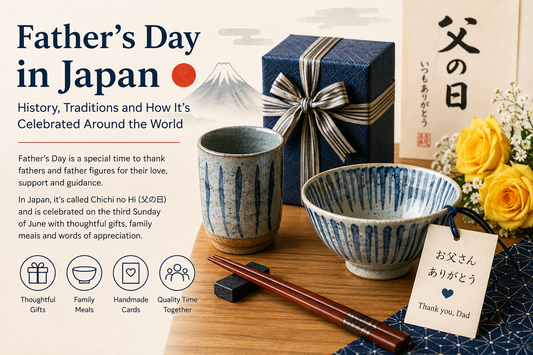 Father’s Day in Japan infographic featuring authentic Japanese tableware, a gift box, chopsticks, yellow roses, and traditional Japanese design elements, explaining the history and celebration of Father’s Day in Japan and around the world.