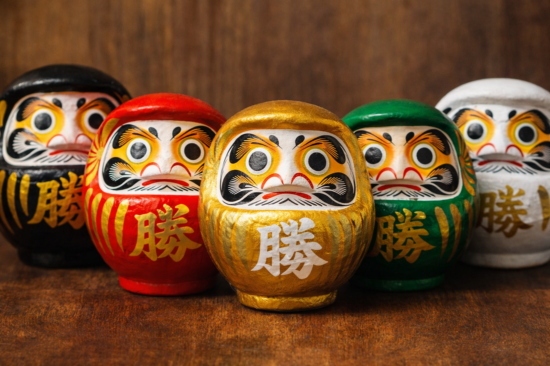 Traditional Japanese Daruma dolls in different colours symbolising luck, success and prosperity