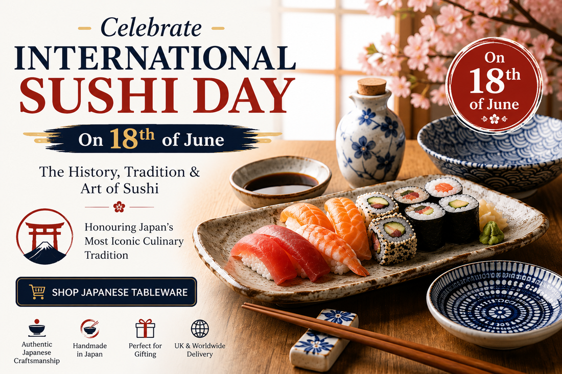 International Sushi Day celebration on 18th June featuring authentic Japanese sushi, nigiri, sushi rolls, ceramic sushi plates, chopsticks, and traditional Japanese tableware. Perfect for Japanese food lovers and sushi enthusiasts.