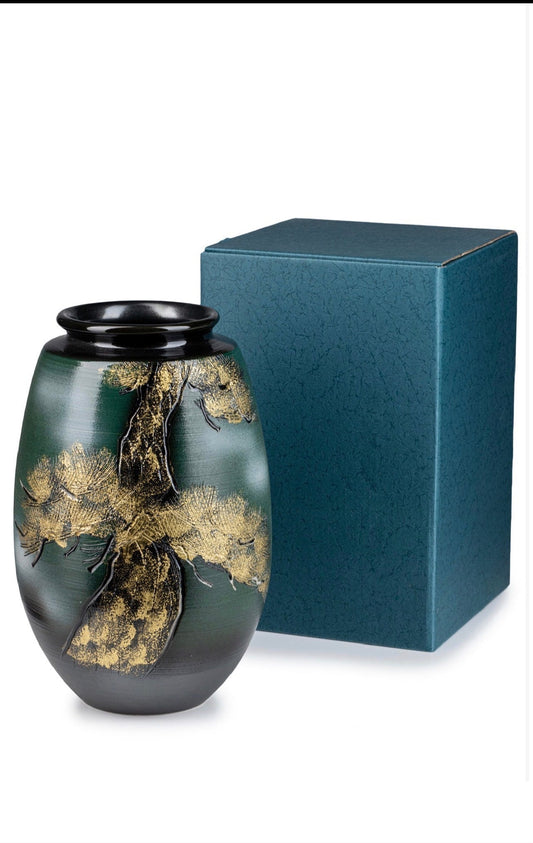 Green and Gold Kinsai Pine Japanese Vase handcrafted in Japan with traditional gold-painted Kinsai decoration