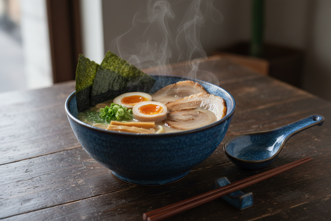 Authentic Japanese ceramic ramen bowl with indigo blue glaze filled with tonkotsu broth, chashu pork, soft-boiled egg, nori and spring onions — handcrafted in Japan, available at Tokyo Gallery UK
