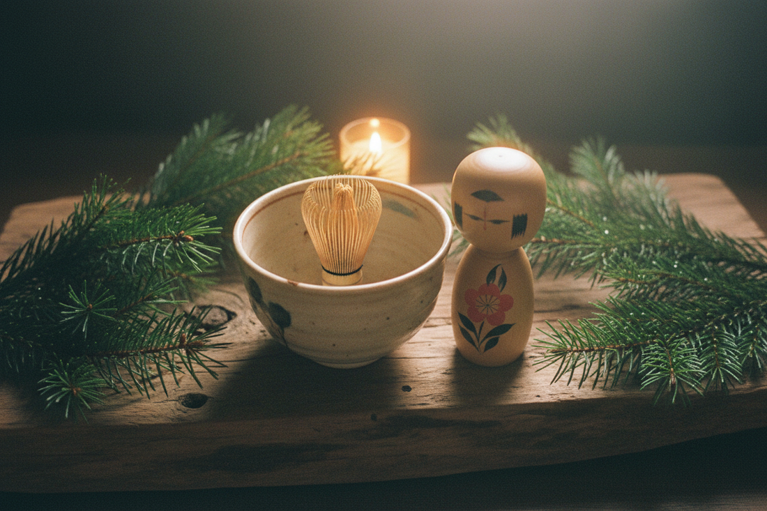 Japanese Christmas gifts flat lay with Kokeshi doll, matcha bowl and pine branches — Tokyo Gallery