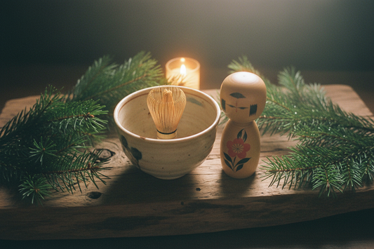 Japanese Christmas gifts flat lay with Kokeshi doll, matcha bowl and pine branches — Tokyo Gallery
