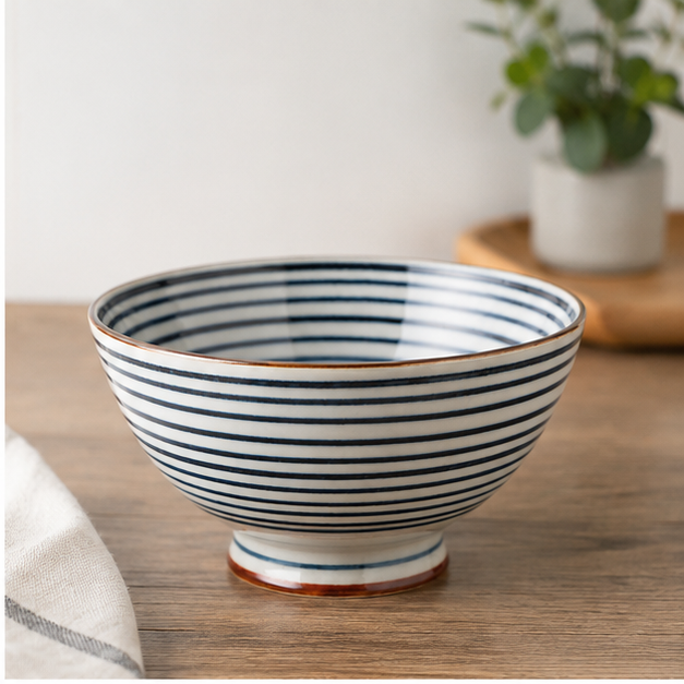 Authentic Japanese ceramic rice bowl with an elegant blue stripe design, creamy-grey glaze, and brown rim, made in Japan for stylish everyday tableware.