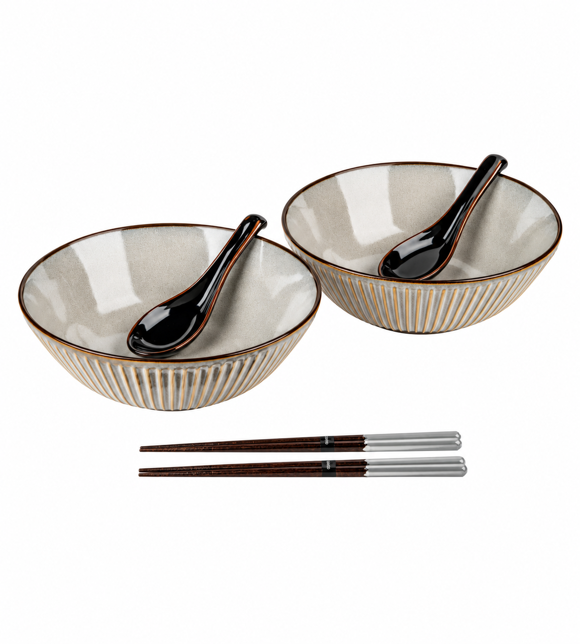 Light Grey Sendan porcelain ramen bowl gift set for two with black soup spoons and two pairs of chopsticks, made in Japan.