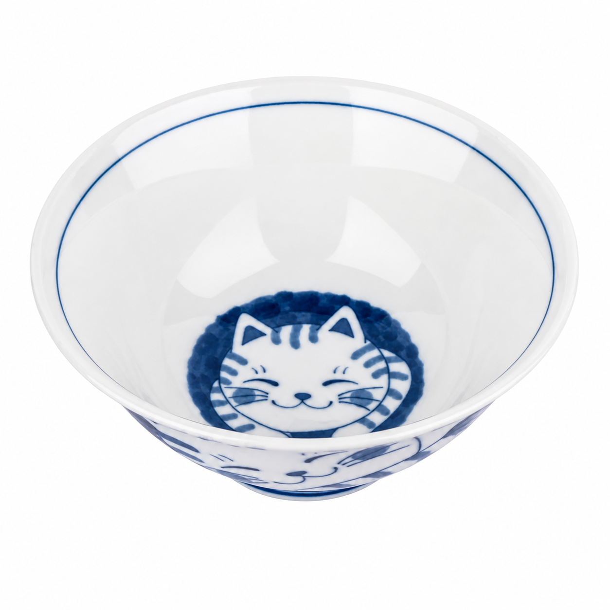 chigura tora Japanese ramen bowl porcelian  tabby cat design blue and white made in Japan