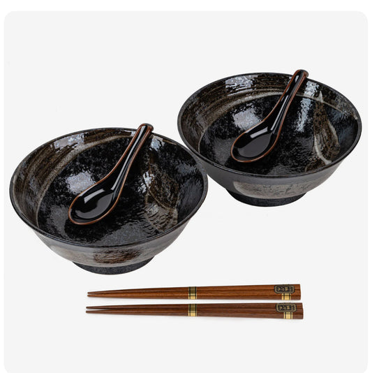 Akeyo Japanese ramen bowl set made in Japan with speckled porcelain bowls, brown brushstroke glaze, soup spoons, and wooden chopsticks