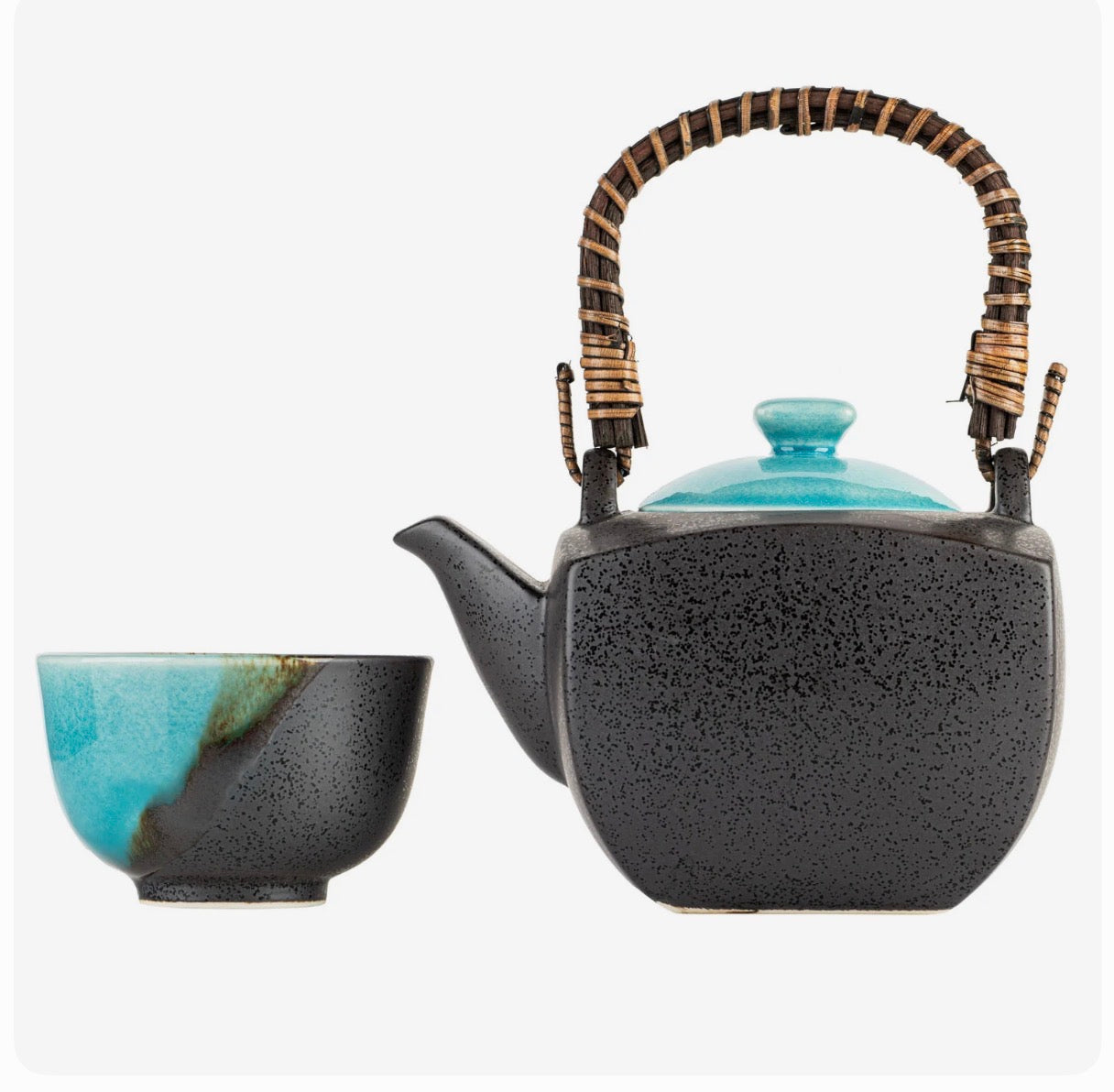 Authentic ceramic tea pot set blue grey with bamboo handle and matching cups UK