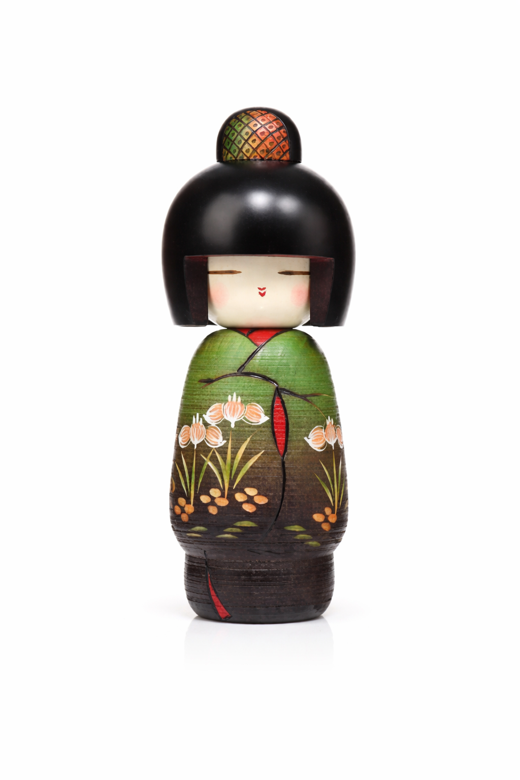 Green Iris Japanese Kokeshi Doll hand made in Japan wooden floral doll with gift box
