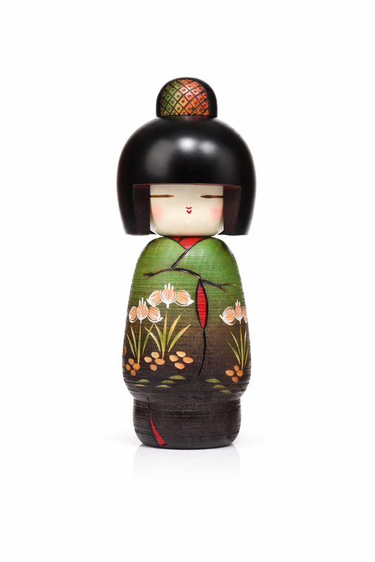 Green Iris Japanese Kokeshi Doll hand made in Japan wooden floral doll with gift box