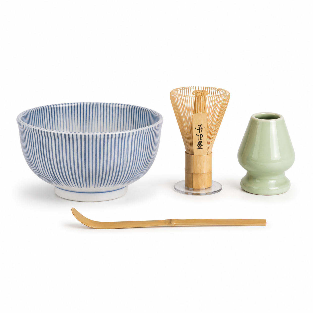 Kyo Tokusa Japanese Matcha Set with traditional blue striped bowl, bamboo whisk, scoop, and ceramic whisk holder in gift box