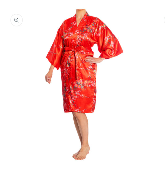 Red Japanese Kimono Short Plum Polyester.