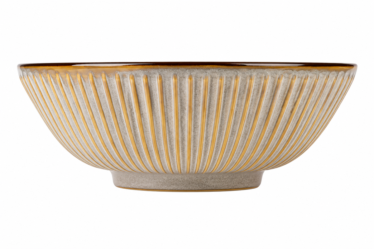 Side view of Light Grey Sendan porcelain ramen bowl with ribbed exterior, brown rim and raised foot, made in Japan.