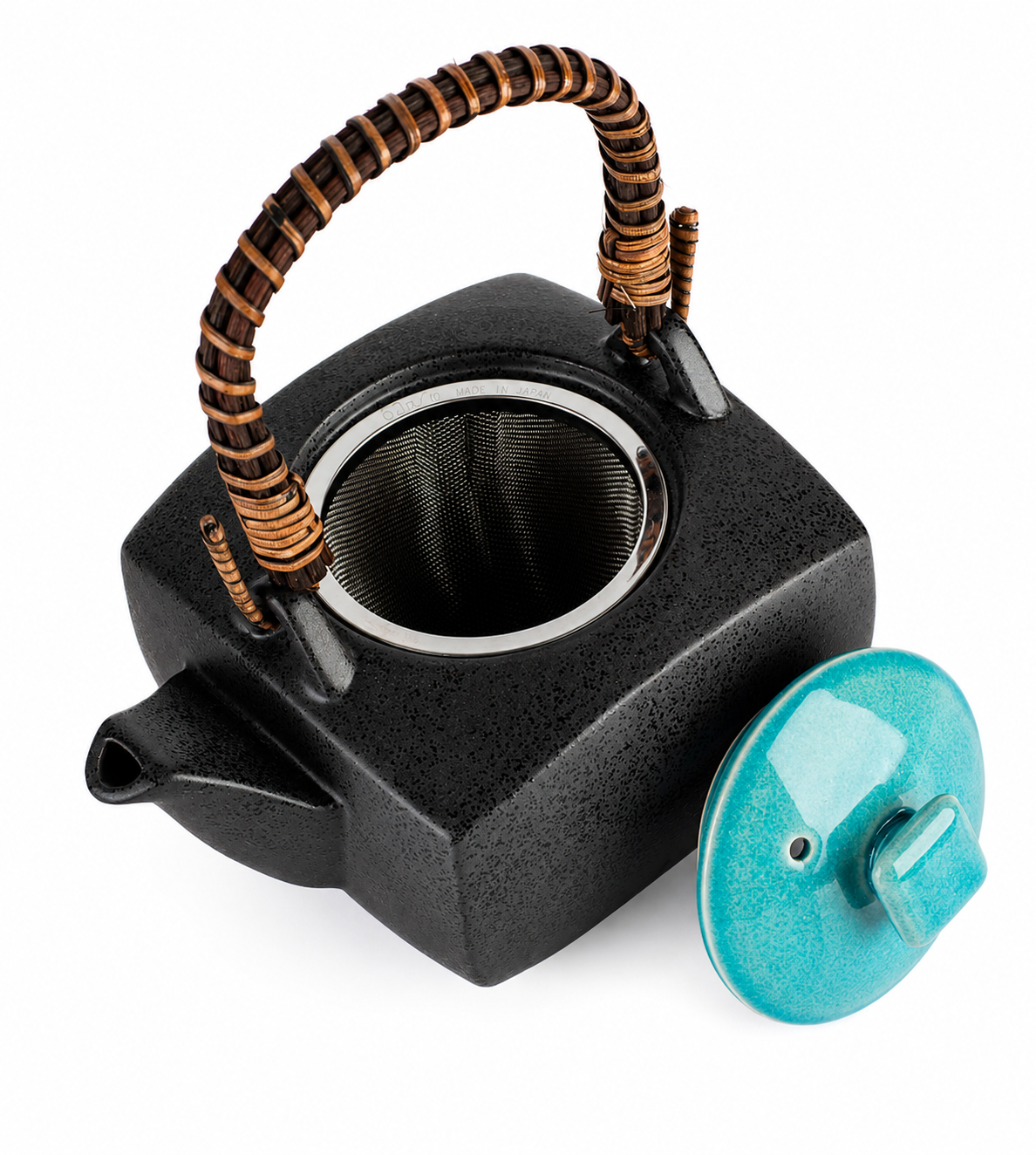 Authentic Japanese tea pot with sky blue lid, stainless steel infuser and traditional wooden handle