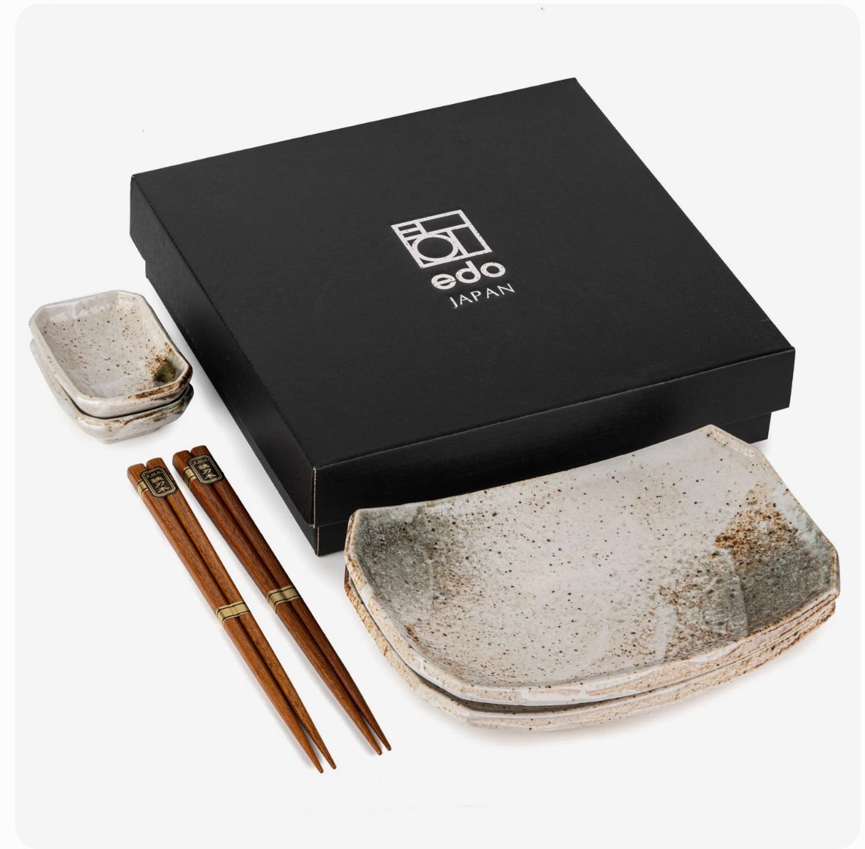 Japanese sushi dinner set of 2 with ceramic plates, dipping dishes and wooden chopsticks made in Japan