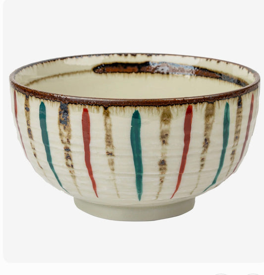 Hand made Japanese Ceramic matcha  bowl with striped design on a white background .Handmade in Japan