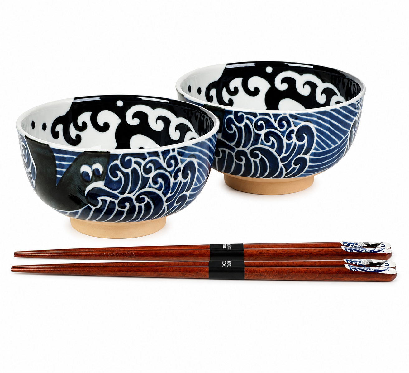 Indigo blue and white Japanese Porcelain bowl set with whale wave design and wooden chopsticks, authentically made in Japan