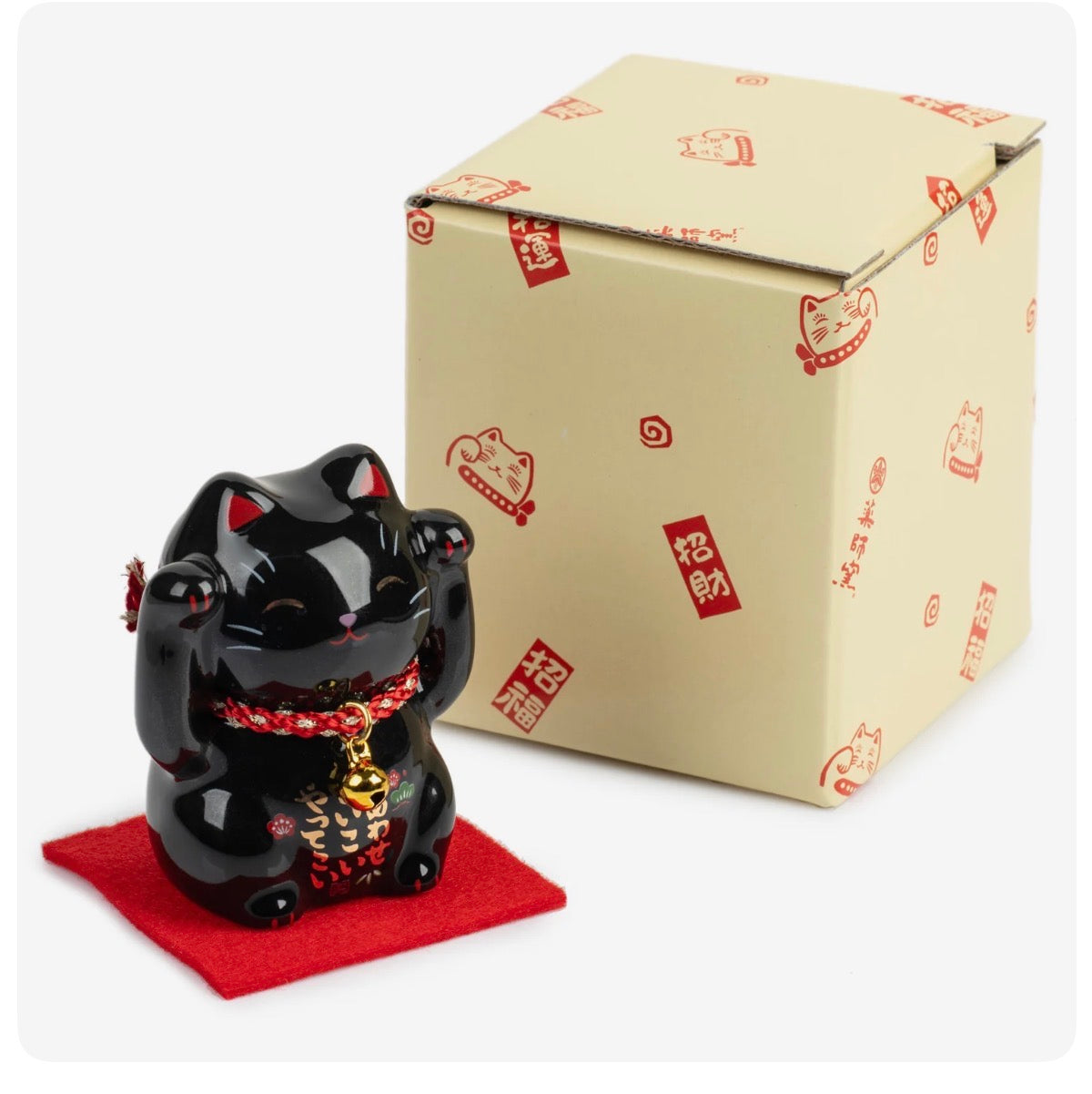 Black Good Health Japanese Lucky Cat and Red Cushion