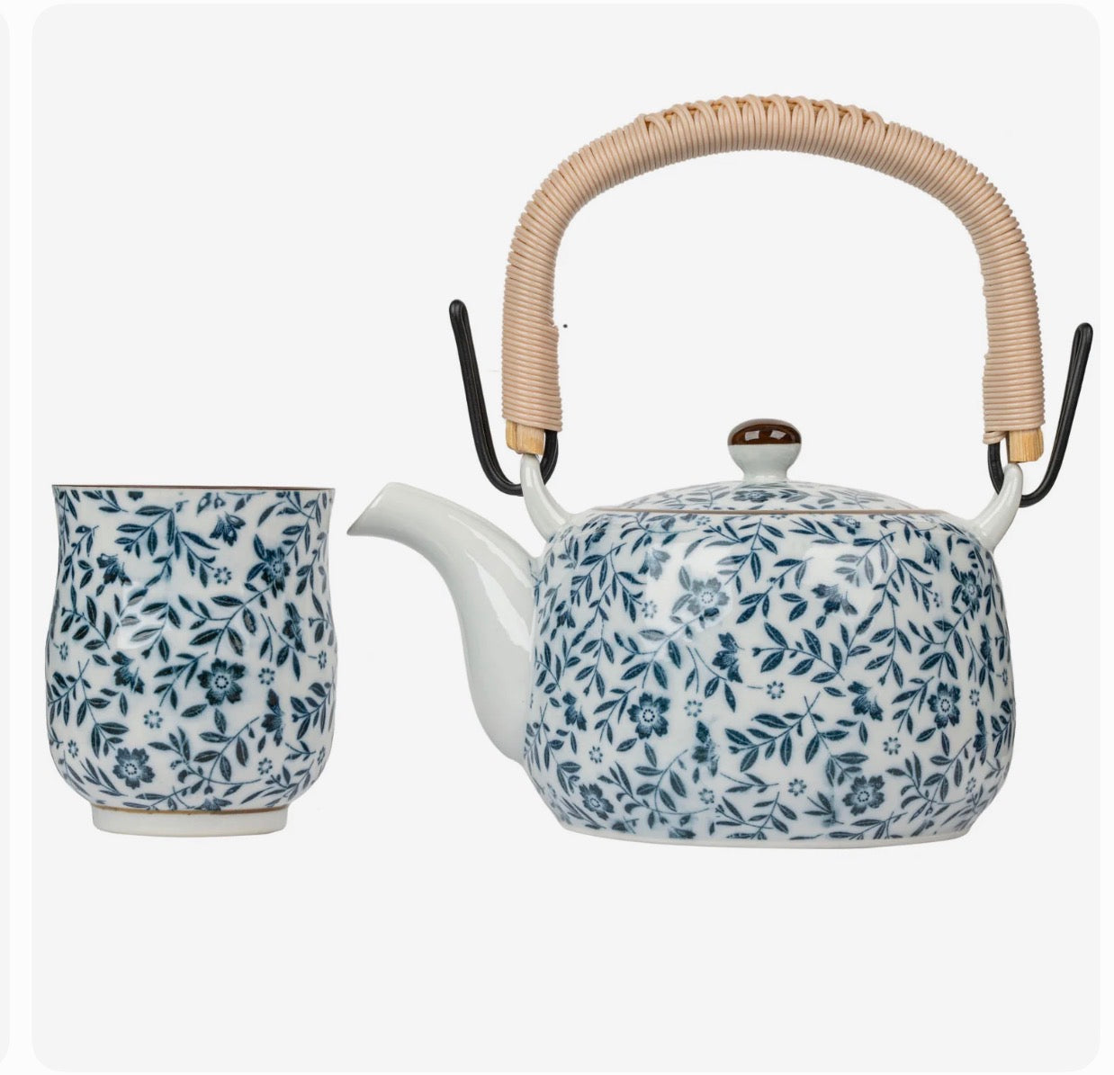 Authentic Japanese ceramic teapot  with blue floral pattern and two matching cups, traditional design with bamboo handle