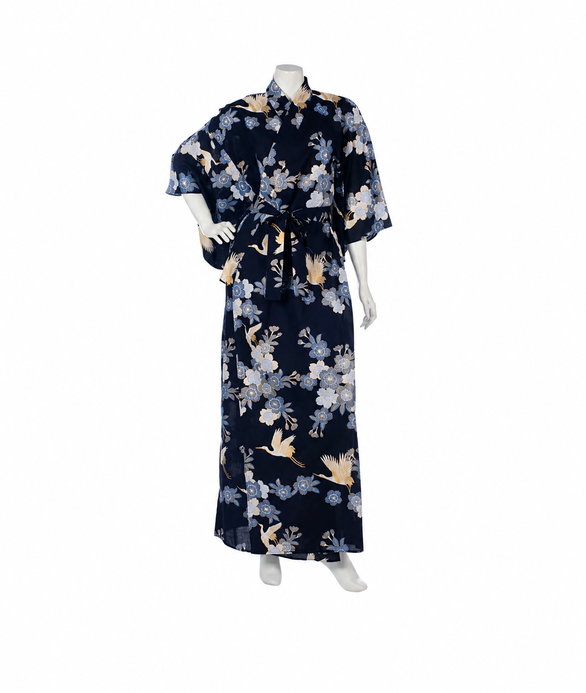 Long Navy Crane Floral Japanese Kimono made in Kyoto, Japan from soft cotton with elegant white and gold crane and cherry blossom design.
